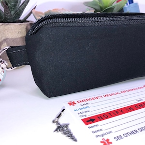 Black Asthma Puffer, Inhaler Pouch, Clip-on Inhaler Case, Inhaler holder, Slim Zipper Pouch, FREE Medical Alert Card, Caduceus Charm