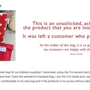 May include: A red insulated bag with a white cross pattern. The bag is shown with a small bottle, a blood glucose meter, and a red insulated pouch. The text "This is an unsolicited, actual review of the product that you are looking at right now. It was left a customer who purchased this bag." is displayed above the image.