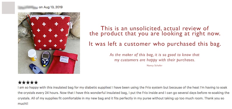 May include: A red insulated bag with a white cross pattern. The bag is shown with a small bottle, a blood glucose meter, and a red insulated pouch. The text "This is an unsolicited, actual review of the product that you are looking at right now. It was left a customer who purchased this bag." is displayed above the image.