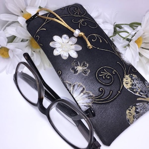 Metallic Eyeglass Case, Black Sunglass Case, Zipper Top Glasses Case, Glasses Case, Eyeglasses Case, Fabric Glasses Case