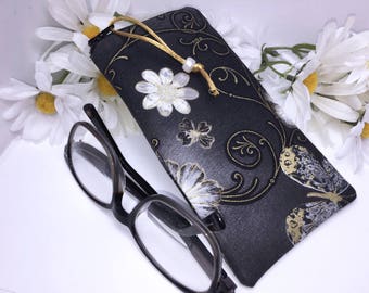 Metallic Floral Eyeglass Case, Black Zipper Sunglass Case, Handmade