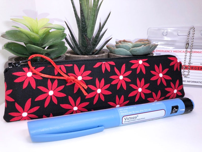 Mod Flower Slim 2 x 8 Insulated Bag for EpiPen, Auto Injector Holder, Diabetes Supply Bag, Zipper Pouch, Pretty Insulin Pen Carrier image 1