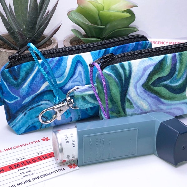 BLUE or GREEN Psychedelic Swirl Inhaler Bag, Child's Inhaler Carrier, Pretty Inhaler Holder, FREE Medical Alert Card, Caduceus Charm