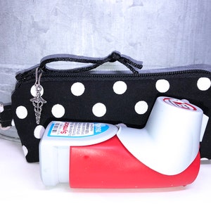 Black Polka Dot Asthma Puffer, Inhaler Pouch, Clip-on Inhaler Case, Inhaler holder, Slim Zipper Pouch, FREE Medical Alert Card, Caduceus
