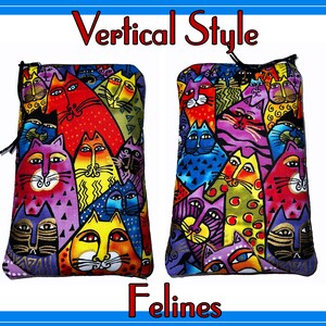 May include: Two vertical zippered pouches with a colorful cat print. The print features a variety of cats in different colors and patterns. The pouches are made of fabric and have a zipper closure. The text "Vertical Style" is at the top of the image and "Felines" is at the bottom.