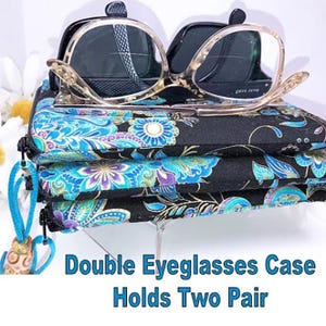 Stylish Double Eyeglass Case, Zip Top Pouch, Durable Fabric Spectacle Carrier, Simply Exquisite Fabric