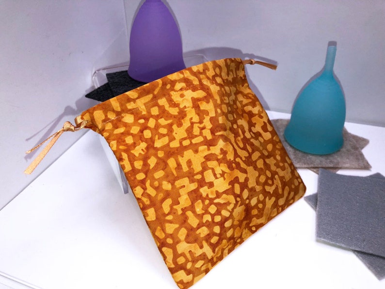 Batik Orange Mooncup Bag Menstrual Cup Pouch and 2 FREE Cup Spots Small Drawstring Bag Lily Cup Bag