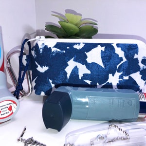 Blue Asthma Inhaler Carrier, Inhaler Pouch, Clip-on ASTHMA Case, Slim Zipper Pouch, FREE Medical Alert Card, FREE Caduceus Charm