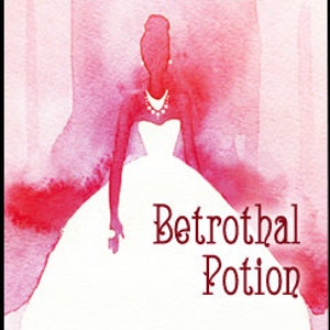 Könnte beinhalten: Eine Aquarell-Illustration einer Frau in einem weißen Brautkleid mit einer Halskette. Der Text "Betrothal Potion" ist in einer dekorativen Schrift unter der Frau geschrieben. Der Text "Love Potion® Magickal Perfumerie" ist unter der Illustration geschrieben.