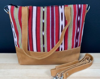 Fourre-tout en cuir guatémaltèque w / crossbody sangle - Cuir / Coton