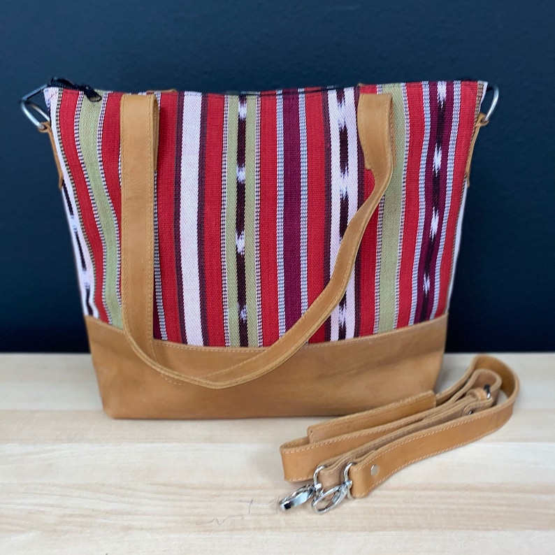 Guatemalan Leather Tote w Crossbody strap Leather Huipil