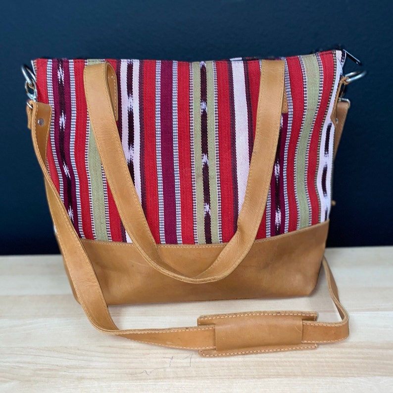 Guatemalan Leather Tote w Crossbody strap Leather Huipil