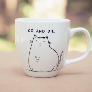 Evil Cat Mug - Hand decorated funny cup hipster dark humour quirky animal dish kitty cute cup funky vegan cartoon comic gift