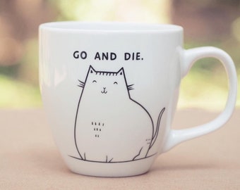 Evil Cat Mug - Hand decorated funny cup hipster dark humour quirky animal dish kitty cute cup funky vegan cartoon comic gift