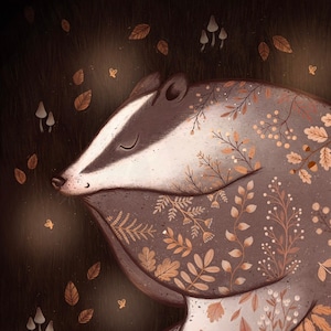 Tejón Durmiente - Lámina de Arte Mural, Ilustración de Bosque, Póster Forestal, Decoración del Hogar, Magia Infantil, Cuento de Hadas, Tatuaje de Animales, Arte Infantil
