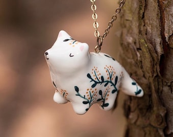 Arctic Fox Pendant -  Polymer Clay Figurine Animal Charm necklace totem chain quirky totem tattoo lover vegan hipster gift present woods