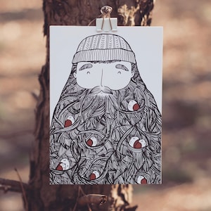 Beard & Birds Card Bearded man Postcard Lumberjack Forest Woods Wild Vegan Hipster Quirky Funny Present Cartoon animal rights eco