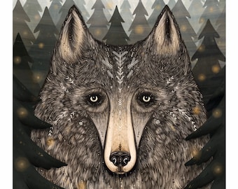 May include: A gray wolf with a white tree behind it, surrounded by dark green trees with glowing lights. The wolf has a serious expression and is looking directly at the viewer.