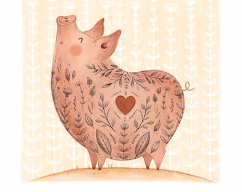 Schweine Illustration Poster - LOVE ALL ANIMALS - Veganer Schweine Illustration Tattoo Poster Illustration Poster Tiere Tierrechte
