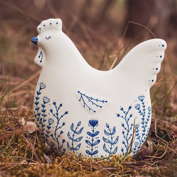 Grande poule en céramique - Figurine décorative en porcelaine Ferme de poulets de Pâques Chalet rural vintage oiseau coq coq décoration d'intérieur bohème cadeau