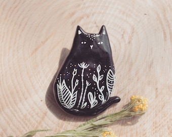 Black Cat Pin OR Magnet - a handmade polymer clay brooch fridge magnet cute ceramic botanical witch badge gift cat jewellery crazy cat lady