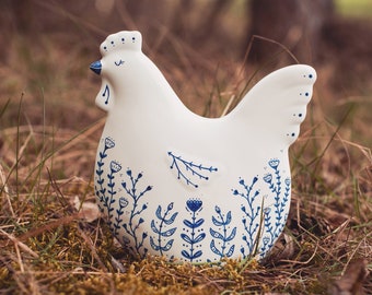 Grande gallina in ceramica - Figurina decorativa in porcellana Pasqua Pollo Fattoria Country Cottage Rurale Vintage Uccello Gallo Gallo Decorazioni per la casa Regalo Boho