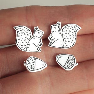 Squirrels & Acorns - 2 pairs of hand illustrated plastic earrings stud earring wild animal present gift funny quirky cute valentines studs