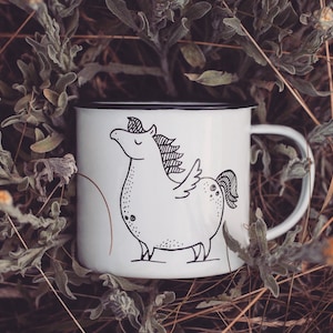 Pegasus Enamel Camping Mug - Hand-painted Camper Mug, Outdoors Lover, Unicorn illustration, Horse Art image 1