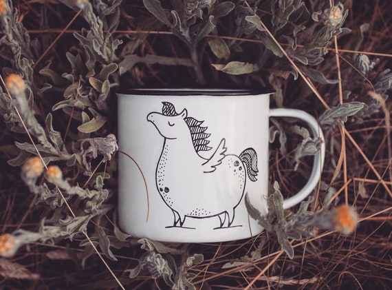 Pegasus Enamel Camping Mug - Hand-painted Camper Mug, Outdoors Lover, Unicorn illustration, Horse Art