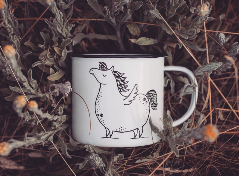 Pegasus Enamel Camping Mug - Hand-painted Camper Mug, Outdoors Lover, Unicorn illustration, Horse Art image 1