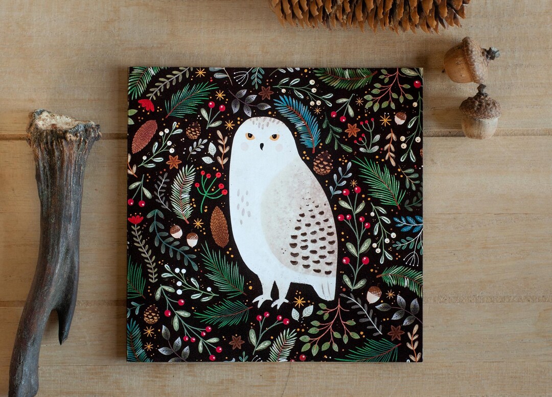 Snowy Owl Card - Botanical Greeting Card, Woodland Animal, Bird ...