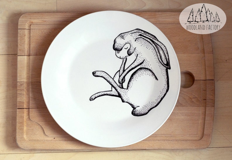 Sleeping Hare Plate decorative hand painted plate wild animal cute dish forest woods fauna present gift bunny dinner decor gift folk image 1