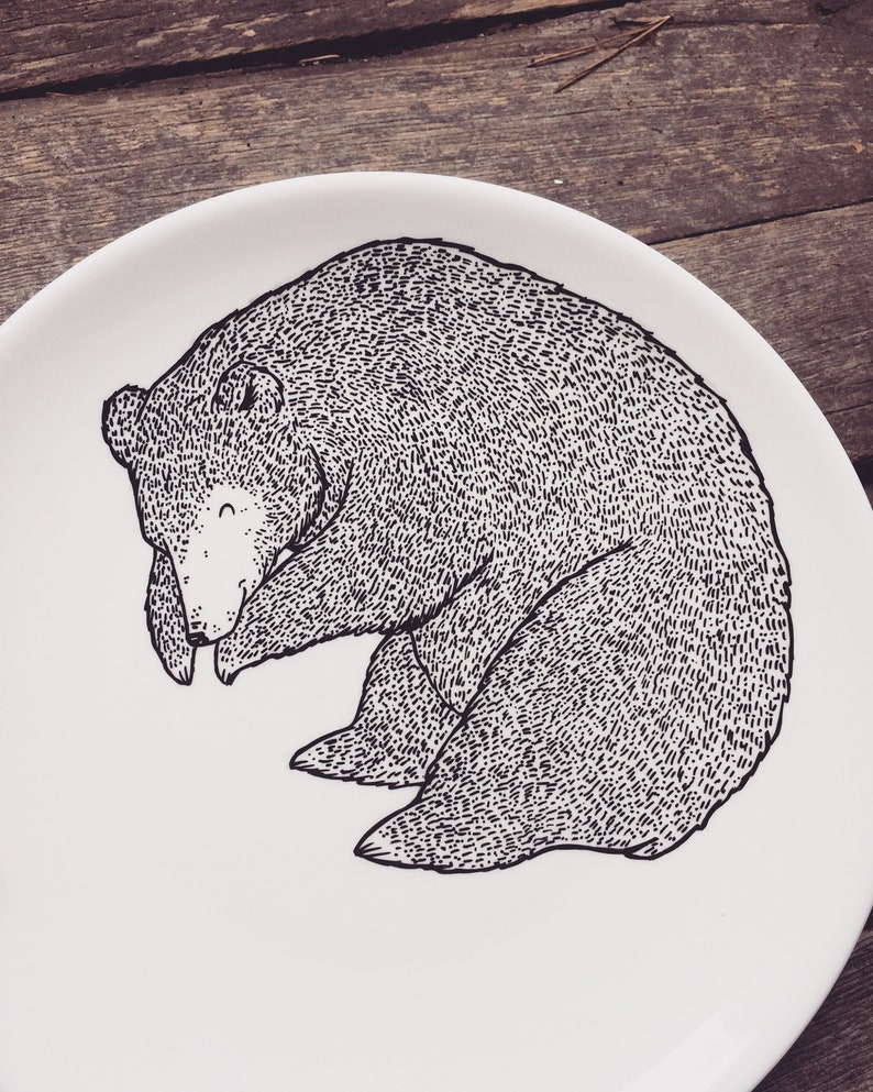 Sleeping Bear Plate Decorative hand painted illustrated quirky wild animal cute dish forest woods fauna present gift dinner bears handmade image 3