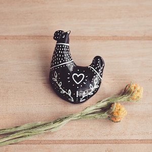 Hen Pin OR Magnet - a handmade polymer clay chicken brooch kitchen fridge cute ceramic botanical witch badge gift black jewellery vegan love