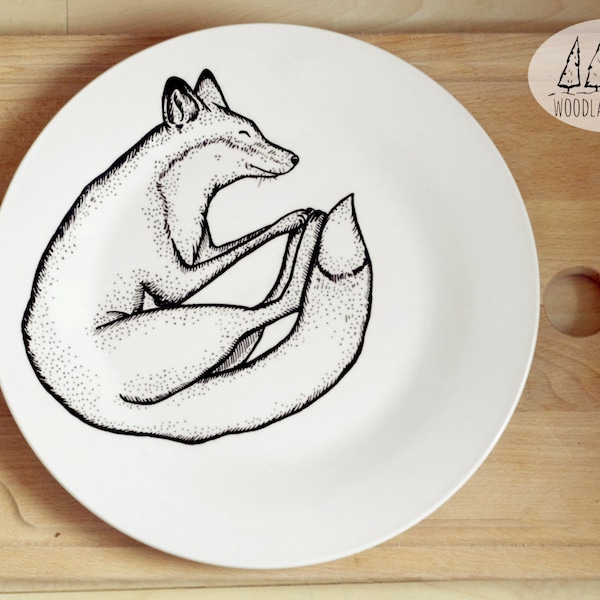 Prato Raposa Dormindo - Prato decorativo de porcelana pintado à mão, ilustração de raposa, cerâmica temática de floresta, presente para amantes de animais