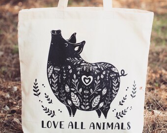 Pig Tote Bag - LARGE Vegan shopping bag- Love All Animals eco cotton reusable pigs be kind animal activist anti-speciesism nature Wild Gift