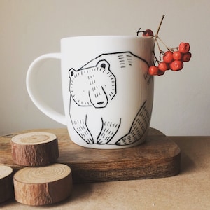 Bear mug - hand painted cup quirky wild animal funny cute dish forest woods grizzly fauna present cartoon kitchen gift porcelain canada