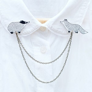 Fox & Badger Collar Clip Chain - um colarinho feito à mão colarinho animal plástico alfinete jóias floresta peculiar hipster presente selvagem presente madeiras