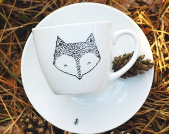 Fox Tea Cup Set - hand painted coffee cuppa saucer mug dish tea lover tea gift ceramic pine tree forest woods cabin wild animal christmas