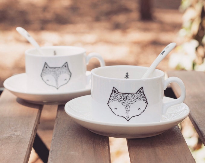 Fox Tea Cup Set Hand Painted Coffee Cuppa Saucer Spoon Mug Dish Tea Lover Tea Gift Ceramic Pine