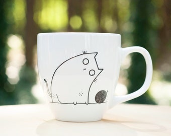 Clumsy Cat Mug - hand painted quirky cat cup with cat dish funny cute funky quirky cartoon wool kitten crazy cat lady cat pottery