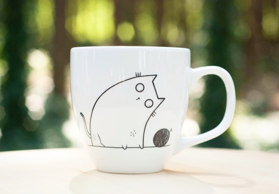 Clumsy Cat Mug Hand Painted Quirky Cat Cup With Cat Dish - Etsy