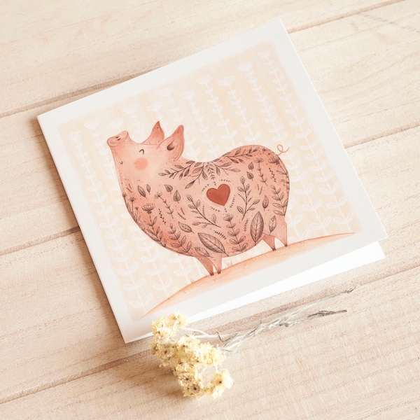 Tarjeta de regalo de cerdo - Tarjeta de cumpleaños de felicitación Animal Postal cochinillo cerdos cerdos ilustración crueldad arte libre animales veganos derechos de los animales