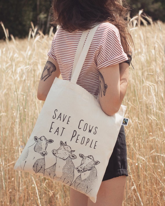 Save Cows Eat People Organic Cotton Tote Bag Animal Rights Hipster Quirky  Funny Gift Present Rude Print Illustration Eco Vegetarian 