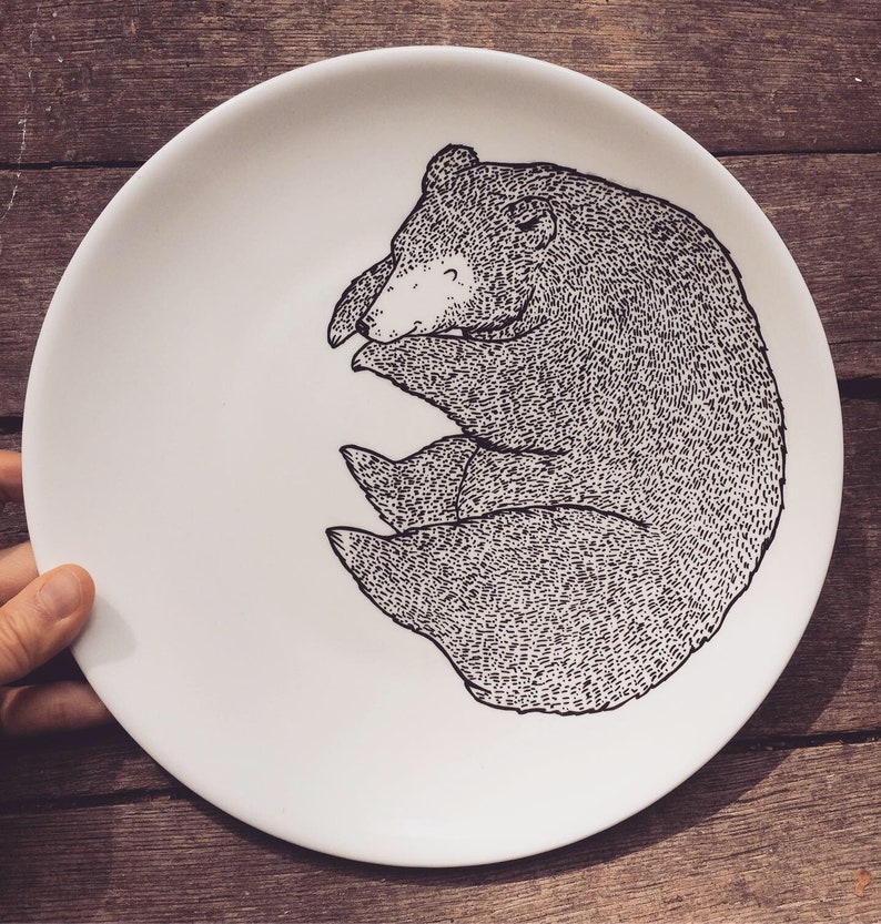 Sleeping Bear Plate Decorative hand painted illustrated quirky wild animal cute dish forest woods fauna present gift dinner bears handmade image 6