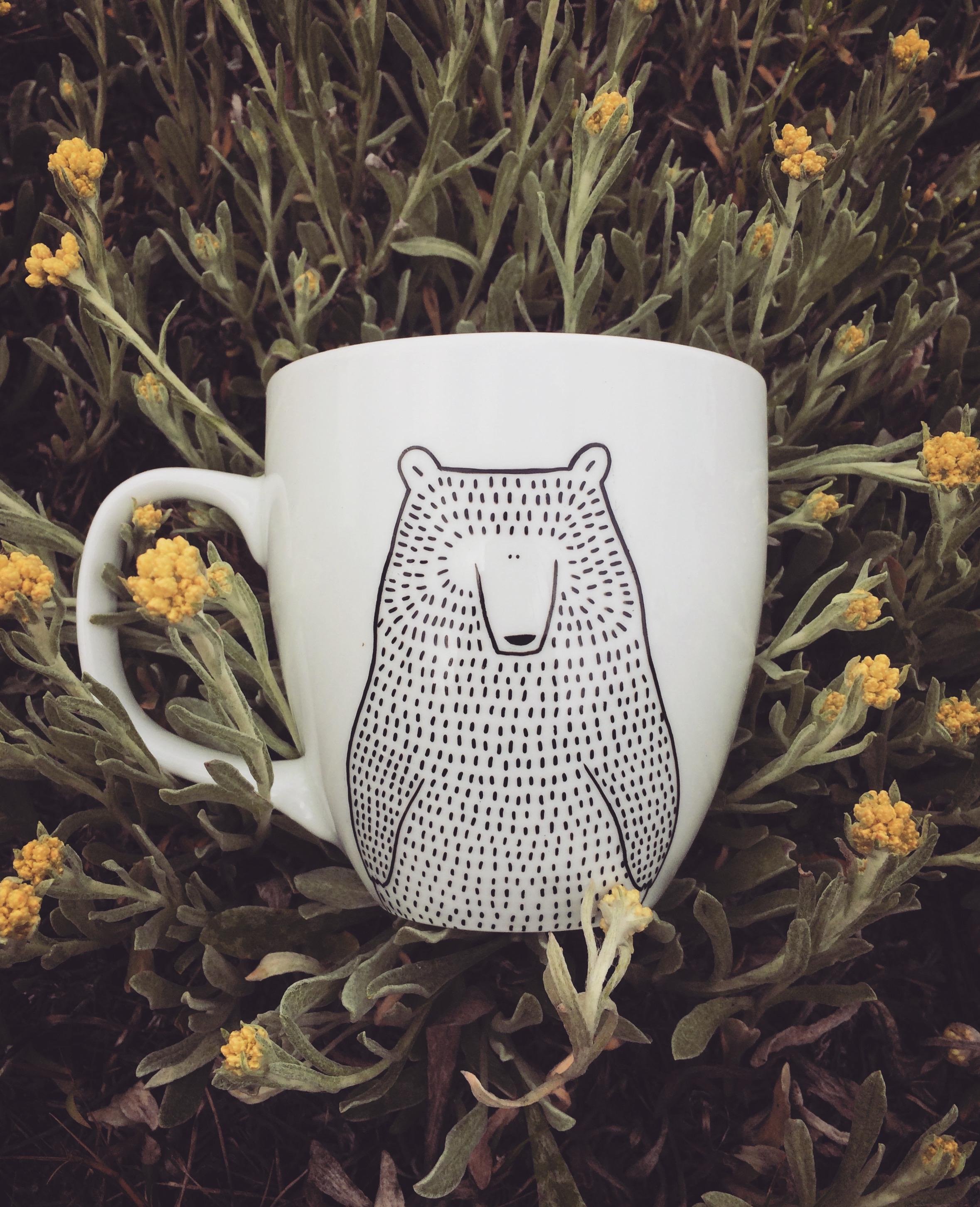 Bear mug - hand painted cup quirky woodland wild animal funny cute dish forest woods grizzly present cartoon kitchen gift kids children