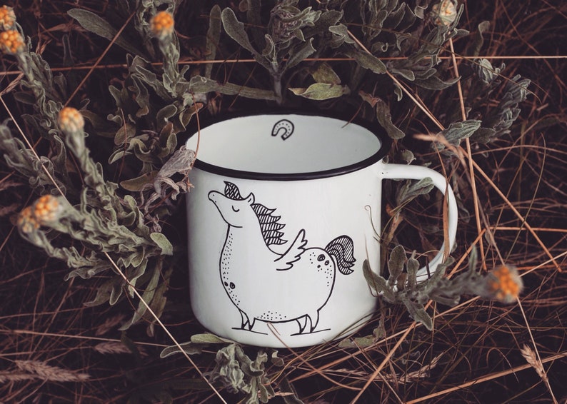 Pegasus Enamel Camping Mug - Hand-painted Camper Mug, Outdoors Lover, Unicorn illustration, Horse Art image 3