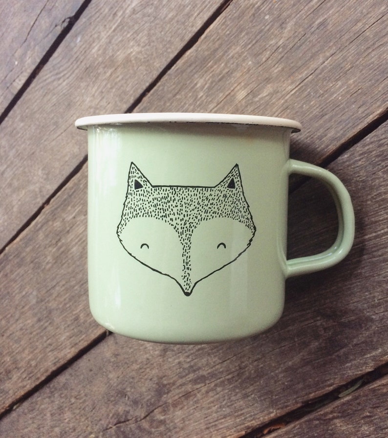 LARGE Fox Enamel Camping Mug hand painted cup quirky wild fox animal funny cute outdoors forest woodland animal woods summer gift image 1