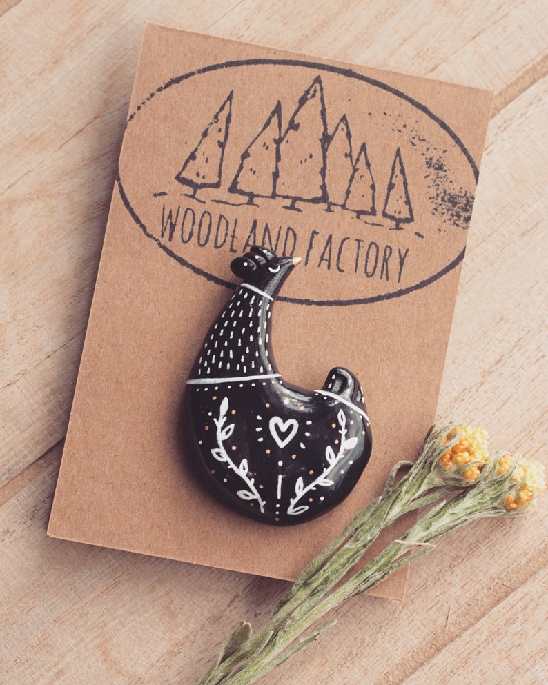 Hen Pin OR Magnet a handmade polymer clay chicken brooch kitchen fridge cute ceramic botanical witch badge gift black jewellery vegan love image 2