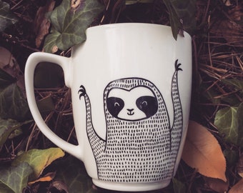 Sloth mug - hand painted illustrated quirky wild animal funny cute dish cup funky jungle hipster hand painted gift present christmas